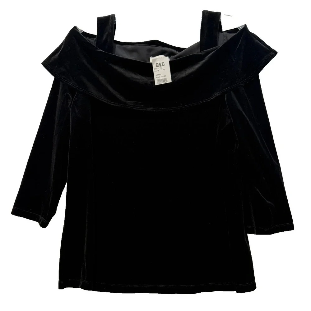 NWT Size Medium‎ Susan Graver Black Velvet Off Shoulder Stretch 3/4 Sleeve Top